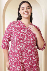 Plus Size Pink Batik Print Cotton V Neck Kurta