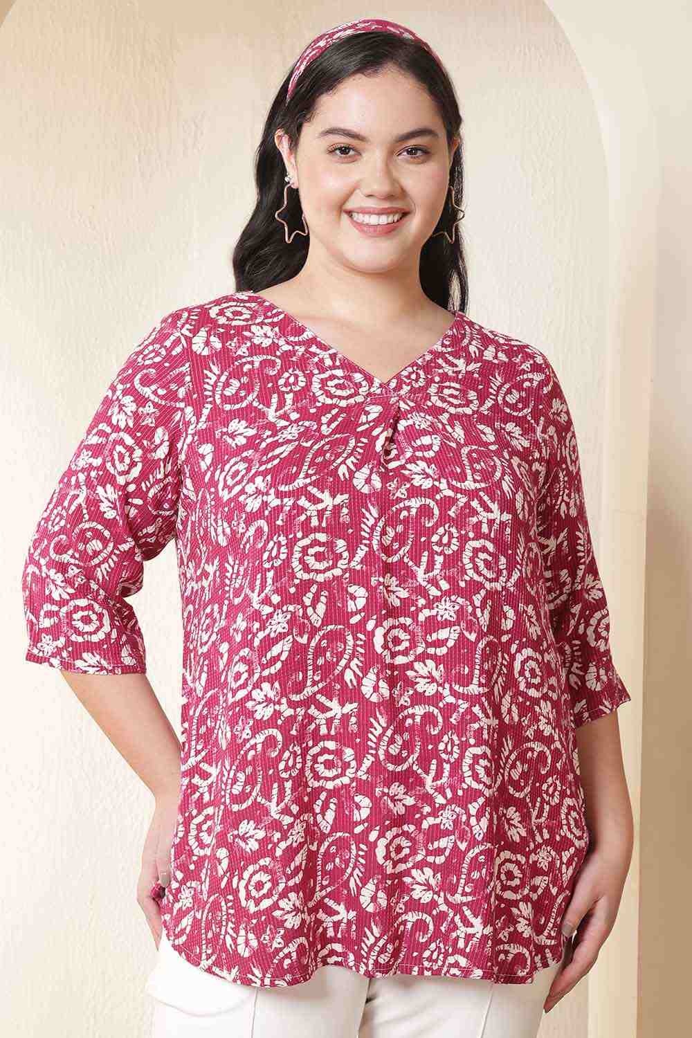 Plus Size Pink Batik Print V-Neck Cotton Top