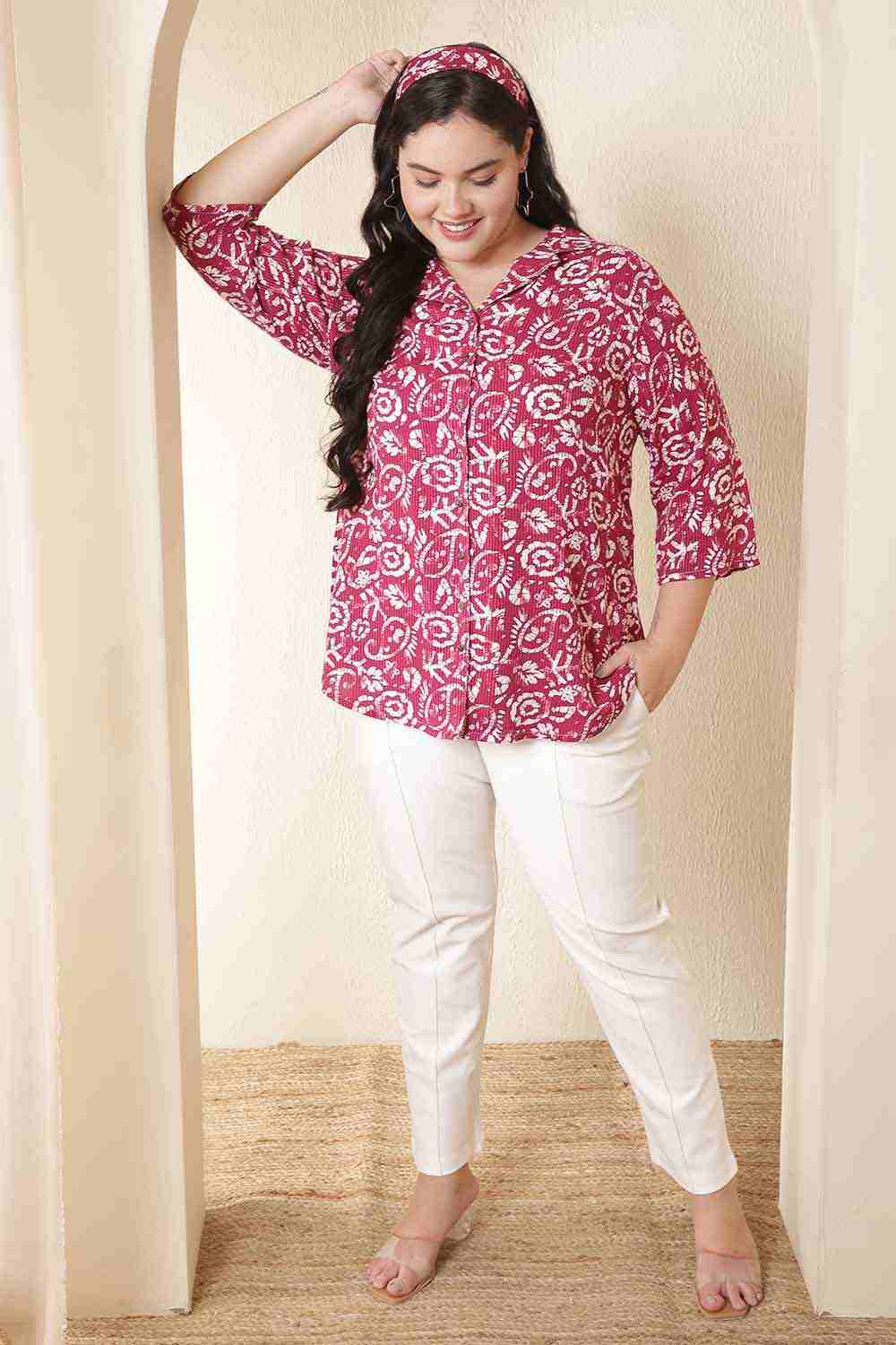 Plus Size Pink Batik Print Cuban Collar Cotton Shirt