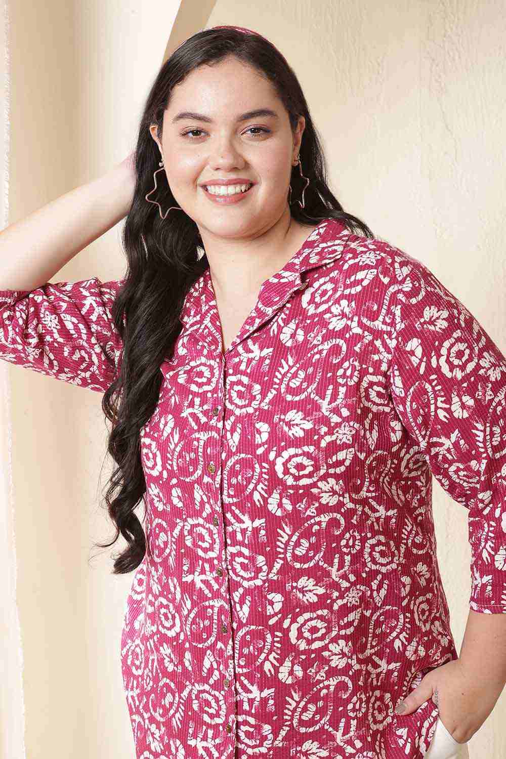 Plus Size Pink Batik Print Cuban Collar Cotton Shirt