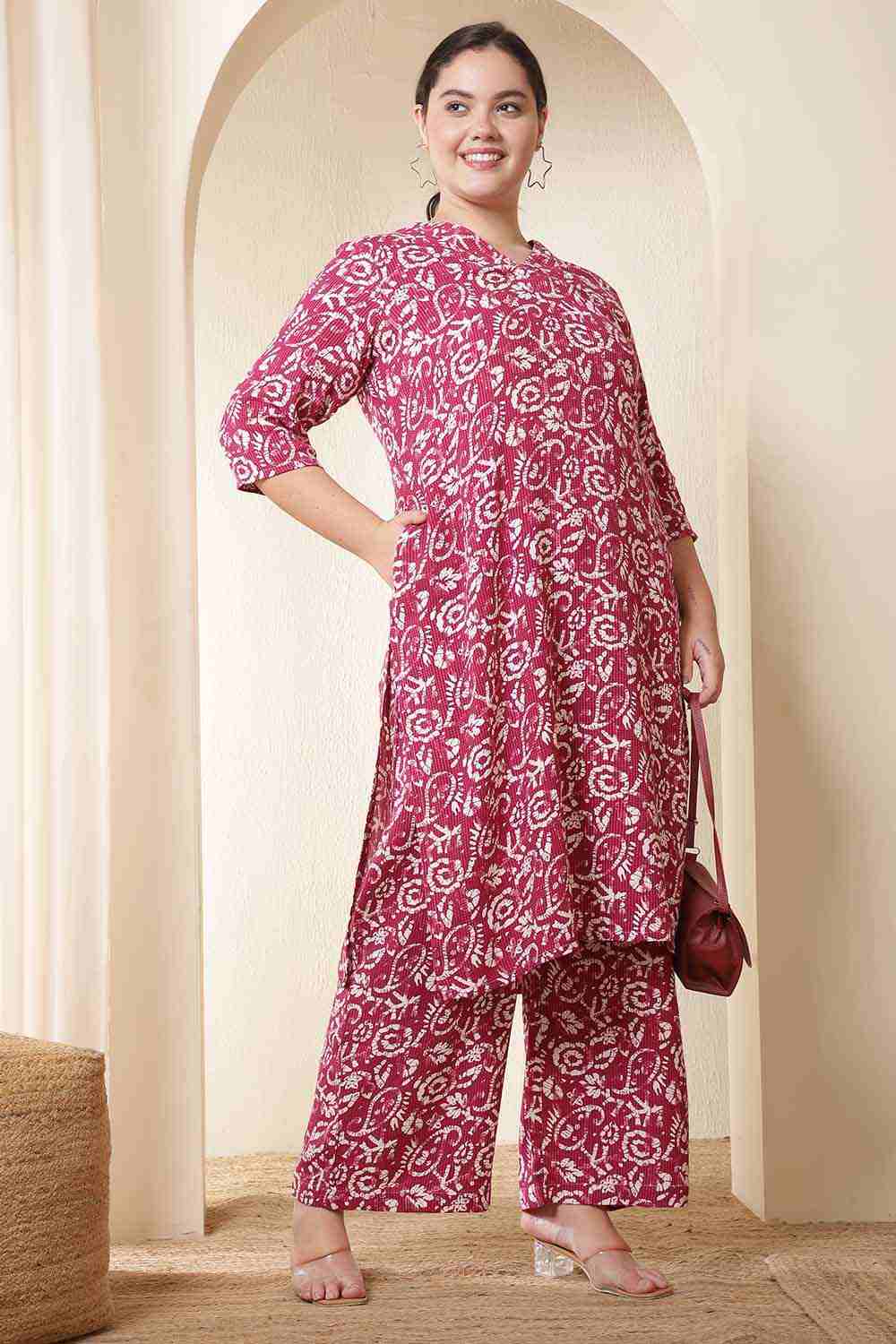 Plus Size Pink Batik Print Cotton Kurta Coord Set
