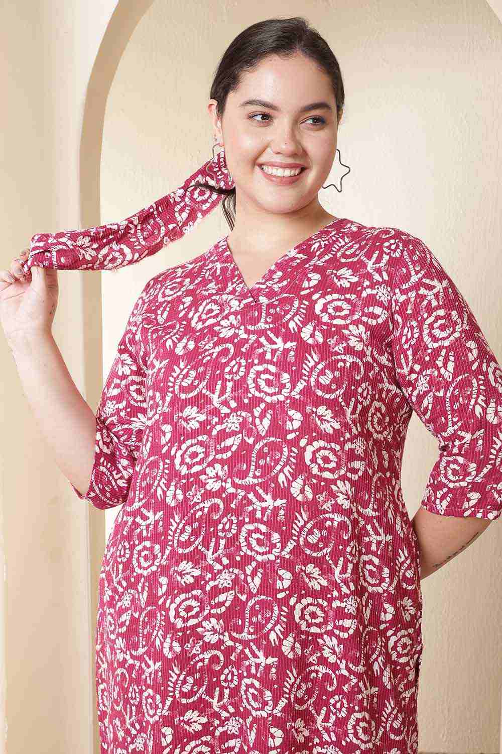 Plus Size Pink Batik Print Cotton Kurta Coord Set