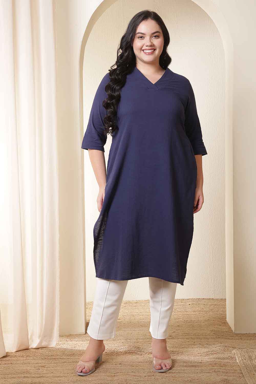Plus Size Dark Blue V Neck Cotton Kurta