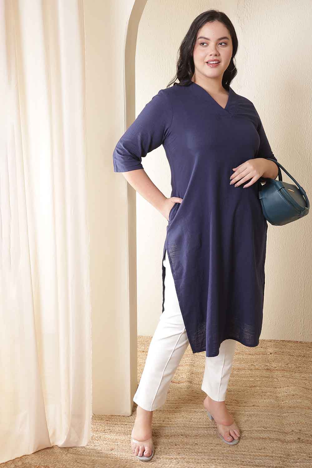Plus Size Dark Blue V Neck Cotton Kurta