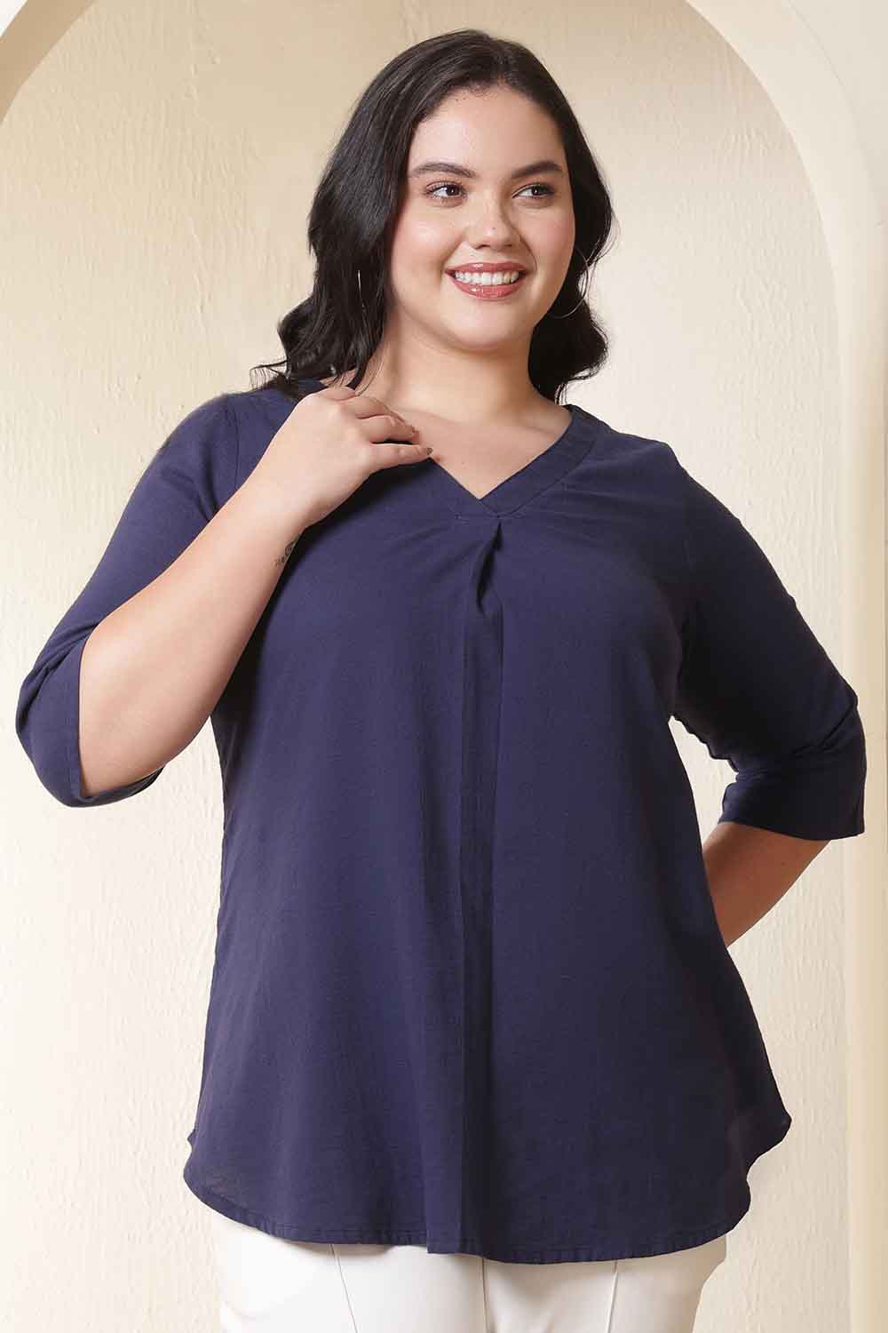 Plus Size Dark Blue V Neck Cotton Top