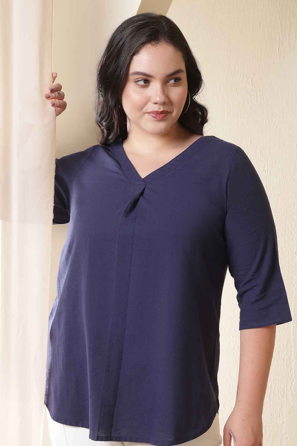 Plus Size Dark Blue V Neck Cotton Top
