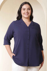 Plus Size Dark Blue Cuban Collar Cotton Shirt
