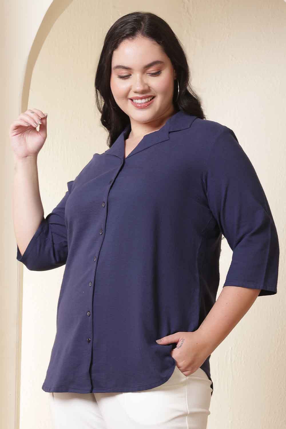 Plus Size Plus Size Dark Blue Cuban Collar Cotton Shirt