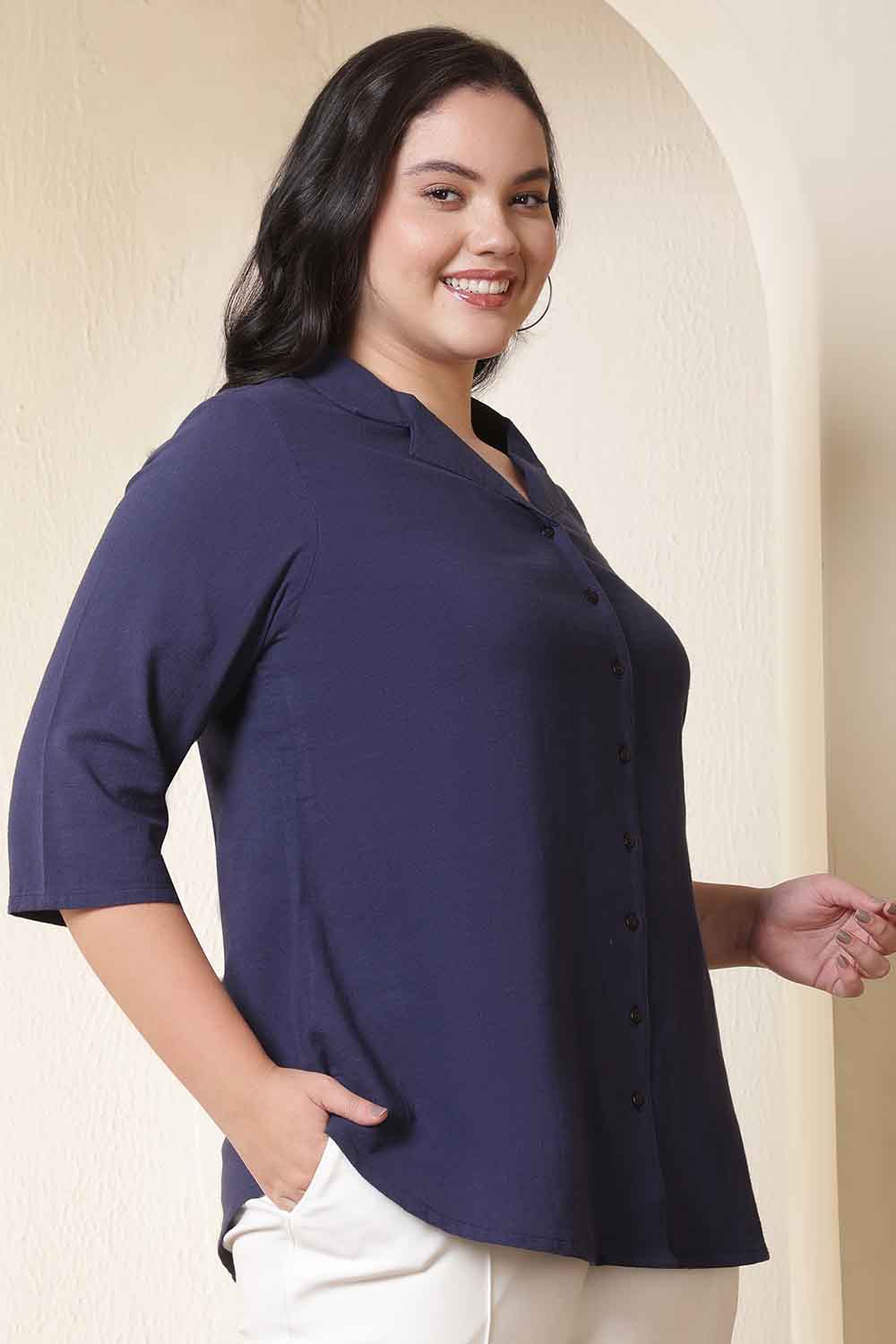 Plus Size Dark Blue Cuban Collar Cotton Shirt for Women