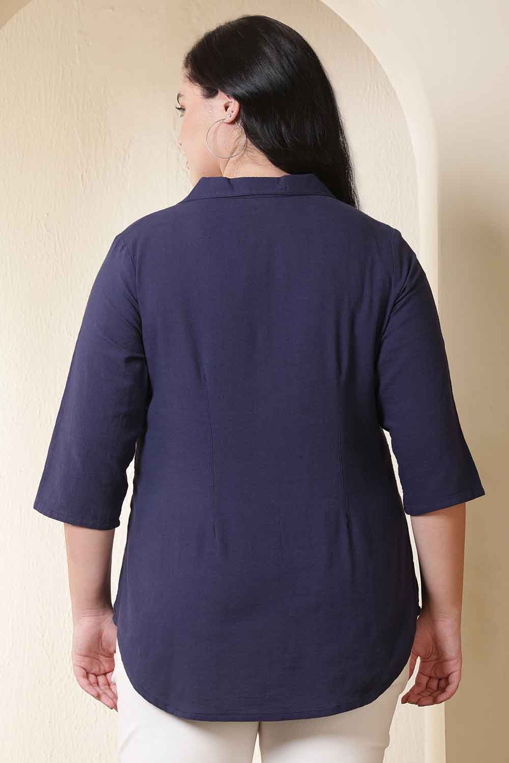Plus Size Dark Blue Cuban Collar Cotton Shirt