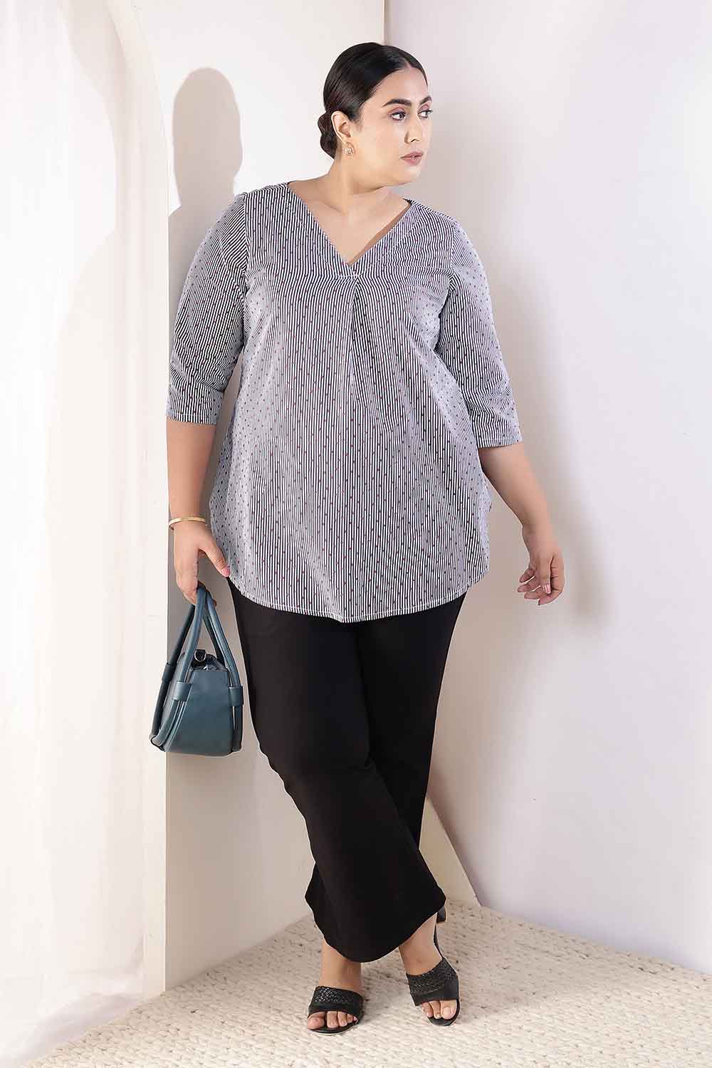 Plus Size Little Beatle Striped Cotton V-Neck Top