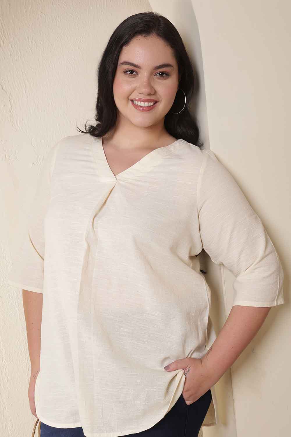 Plus Size Ivory V Neck Cotton Top