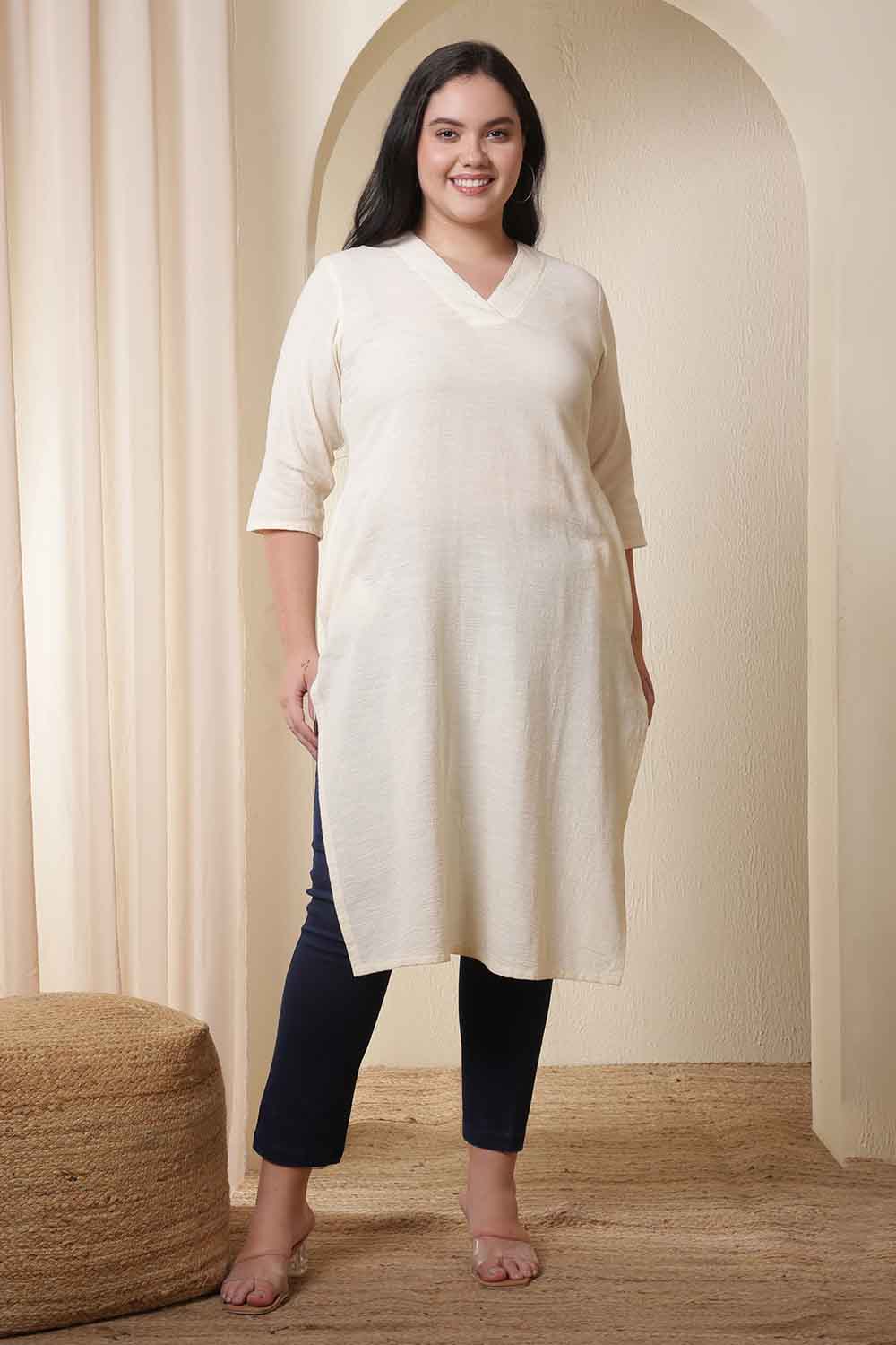 Plus Size Ivory V Neck Cotton Kurta