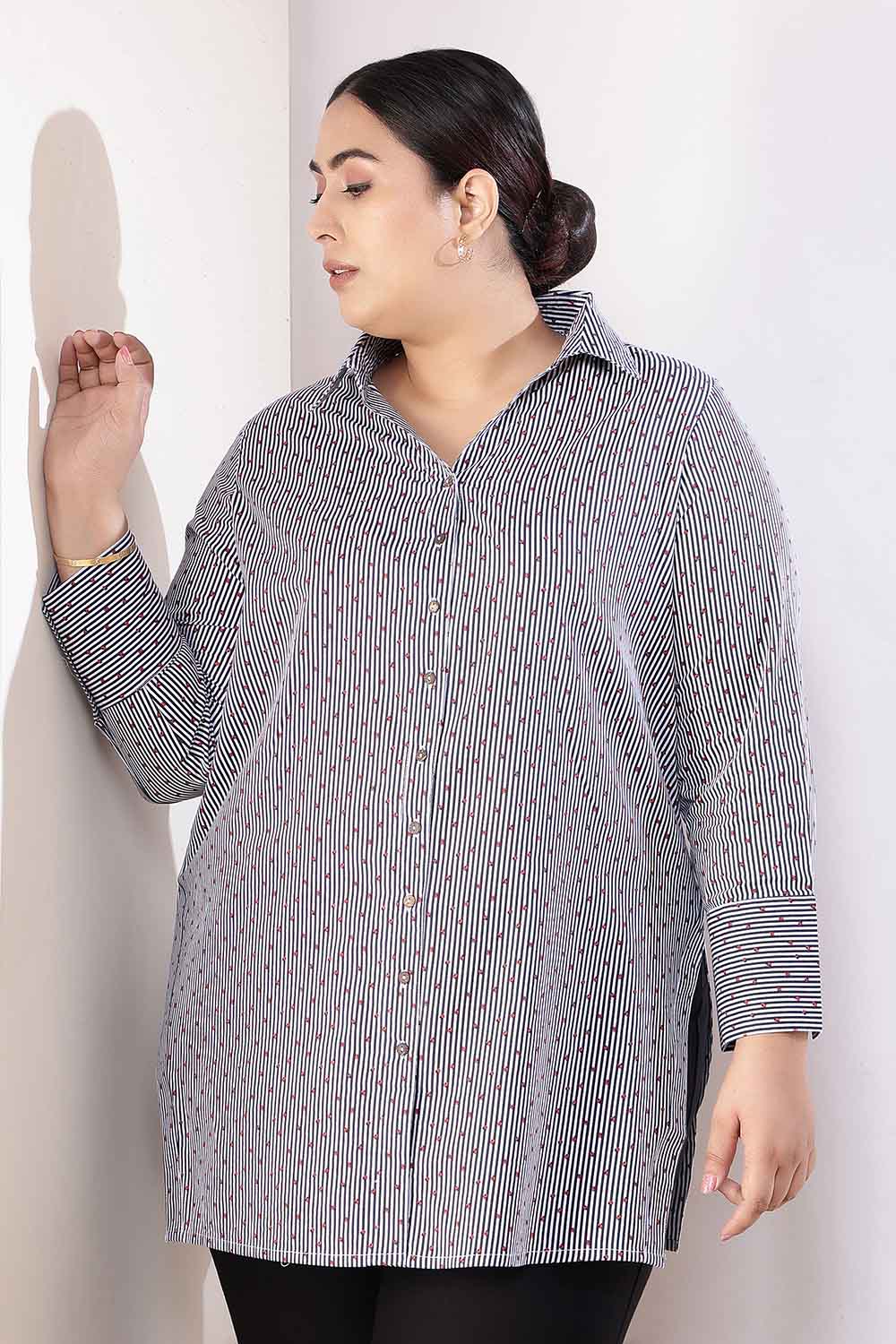 Plus Size Little Beatle Striped High Slit Styled Cuff Cotton Shirt