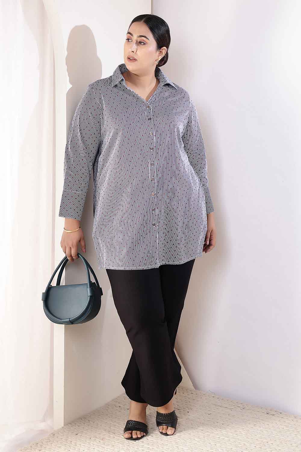 Plus Size Little Beatle Striped High Slit Styled Cuff Cotton Shirt