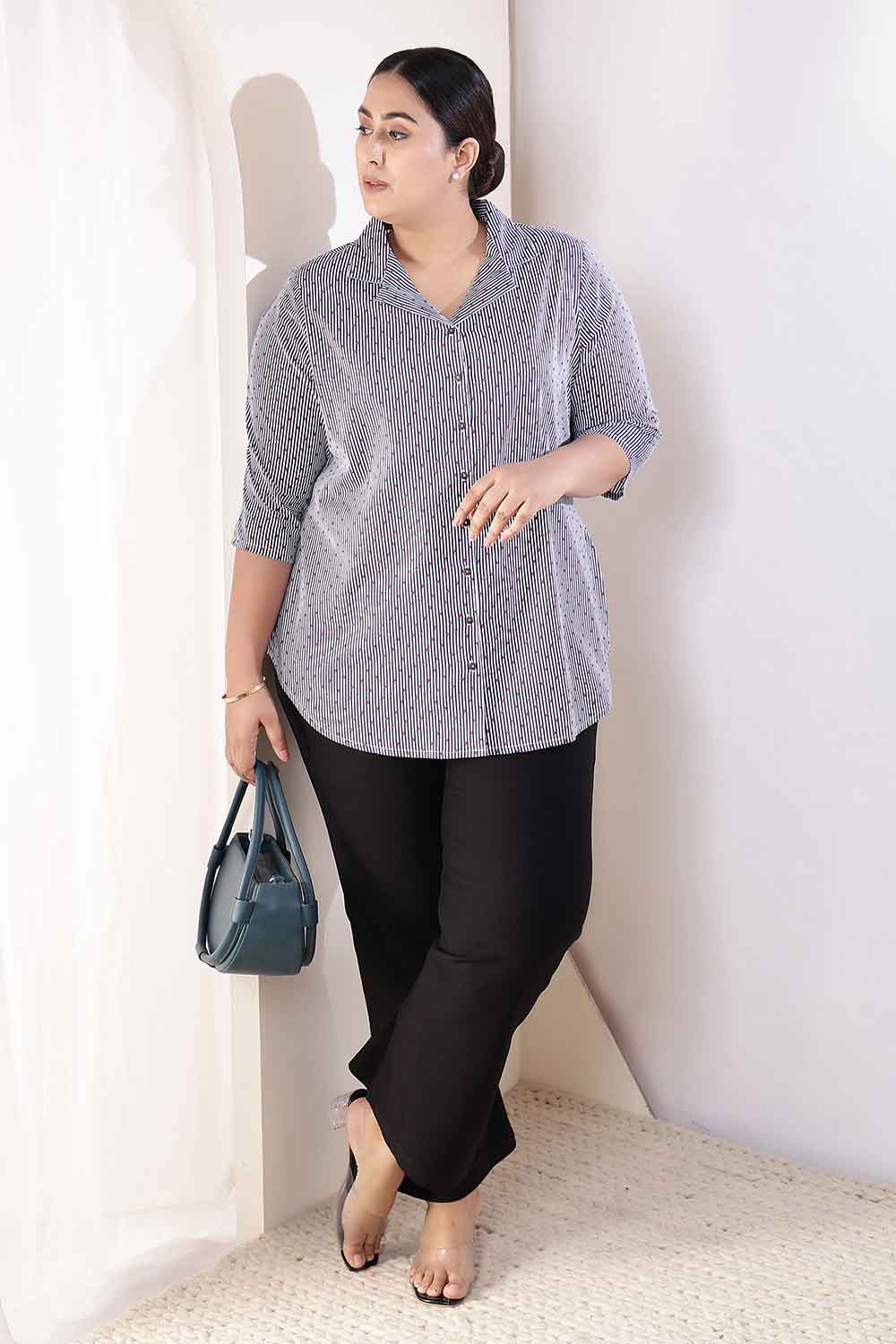 Plus Size Little Beatle Striped Cuban Collar Cotton Shirt