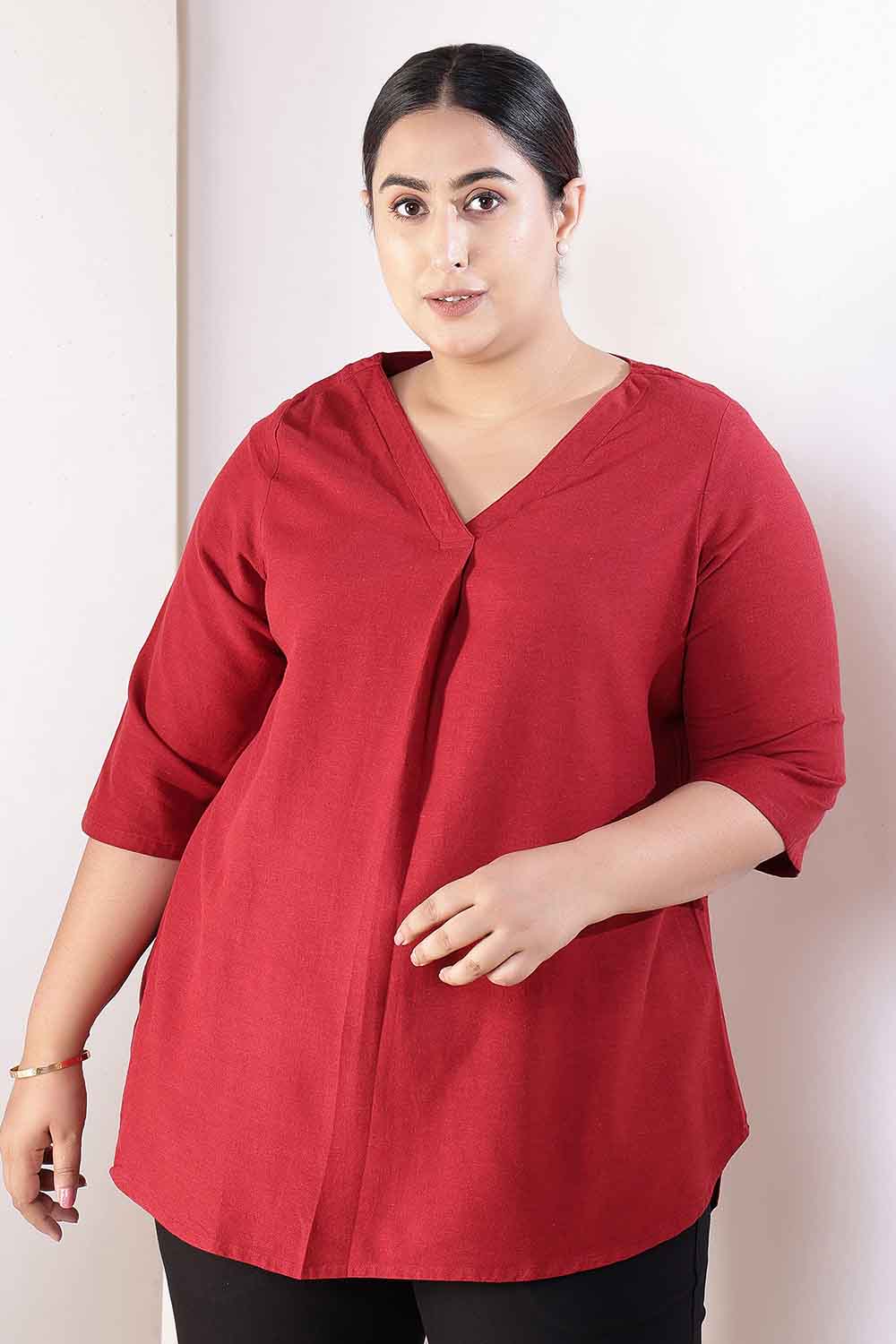 Plus Size Maroon V-Neck Cotton Linen Top