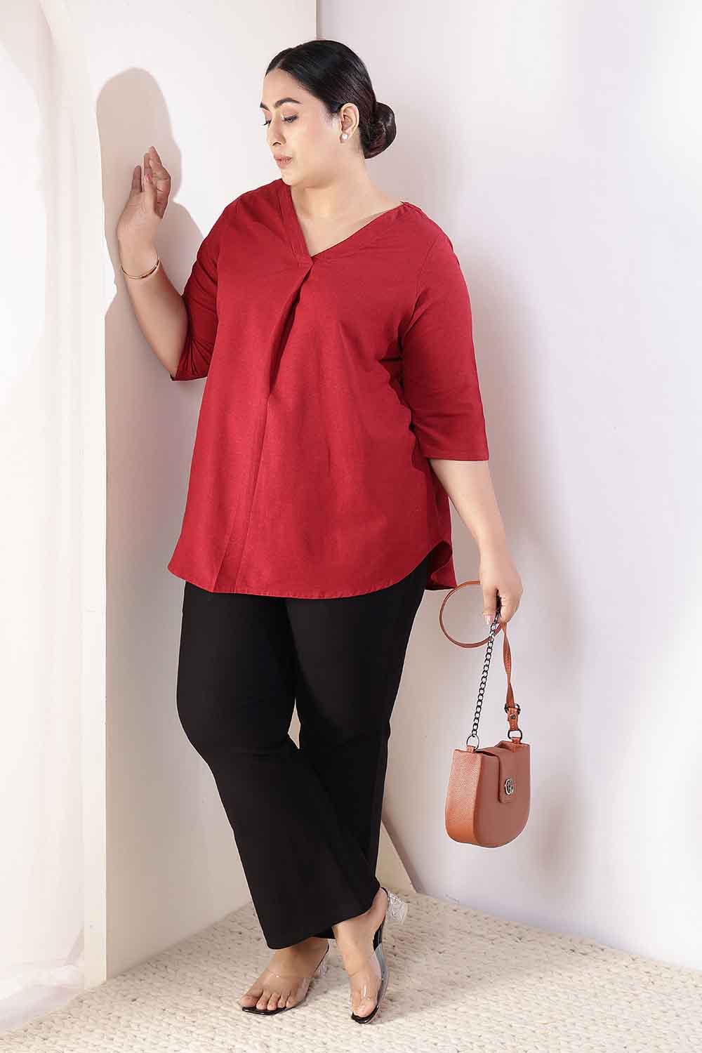 Plus Size Maroon V-Neck Cotton Linen Top