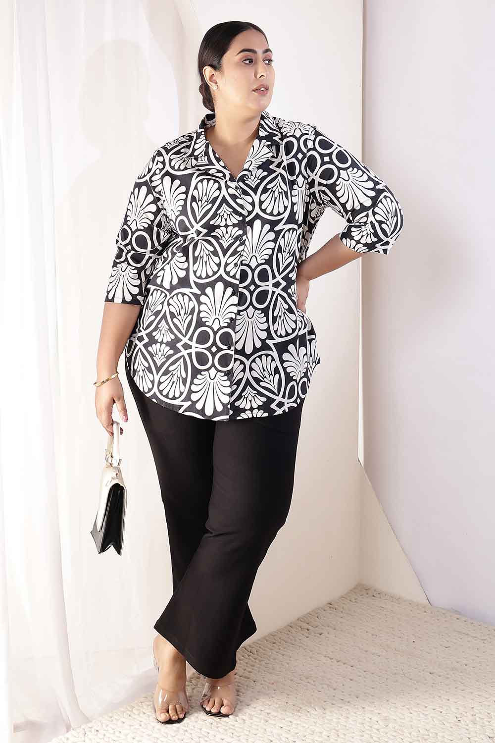Plus Size Black & White Floral Print Cuban Collar Cotton Shirt