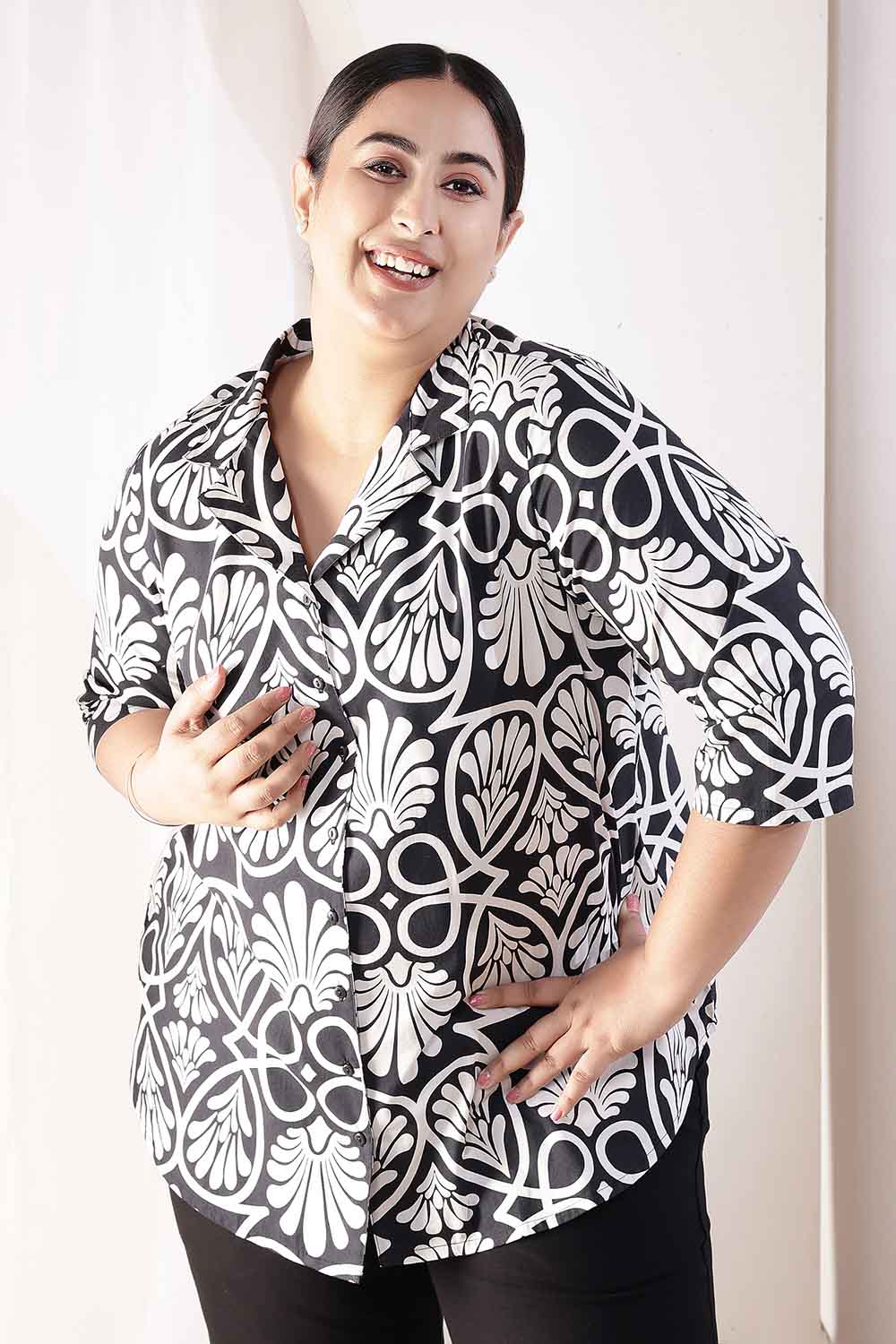 Plus Size Black & White Floral Print Cuban Collar Cotton Shirt