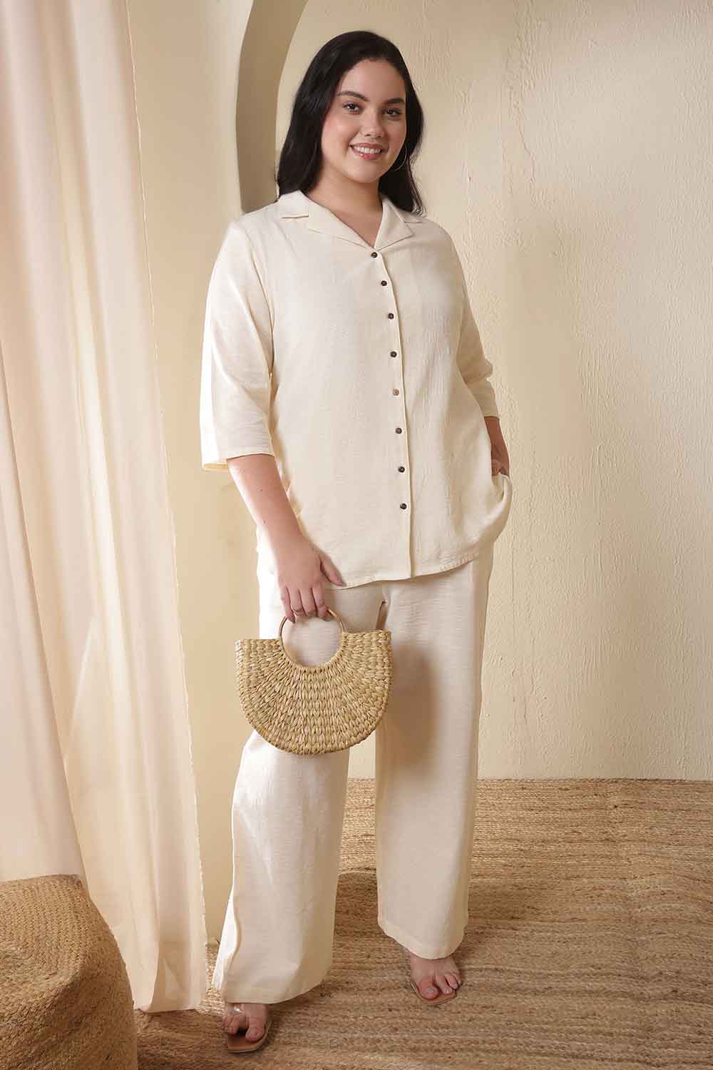 Plus Size Ivory Cotton Shirt Coord Set