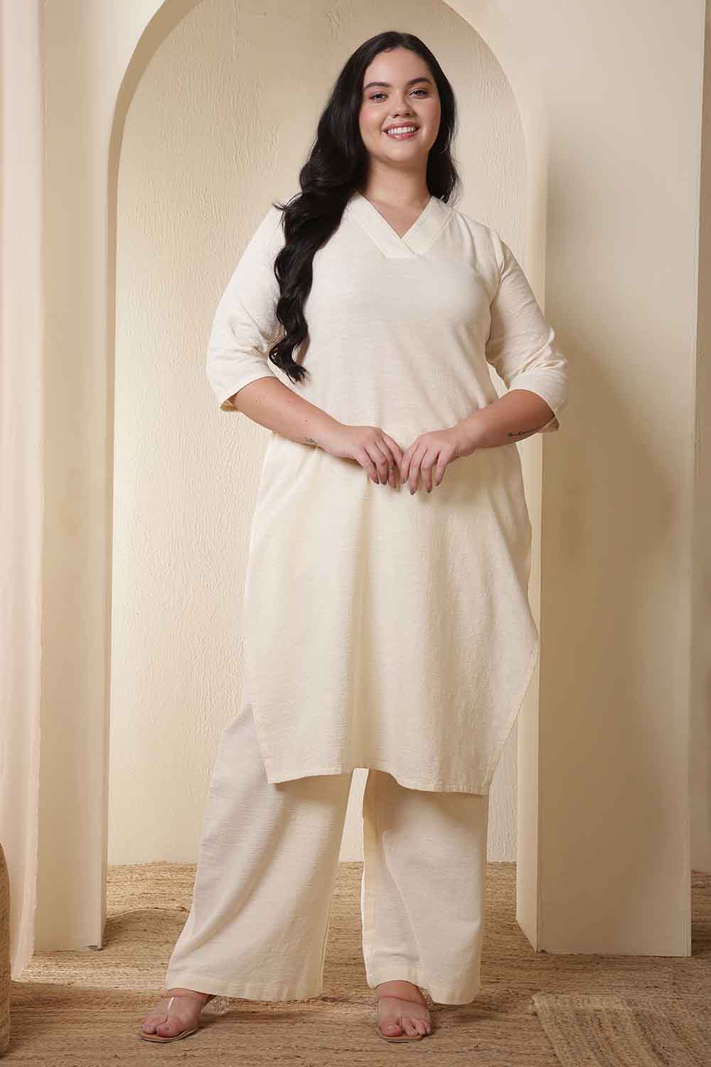Plus Size Ivory Cotton Kurta Coord Set