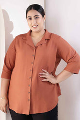Plus Size  Mocha Brown Cotton Linen Cuban Collar Shirt