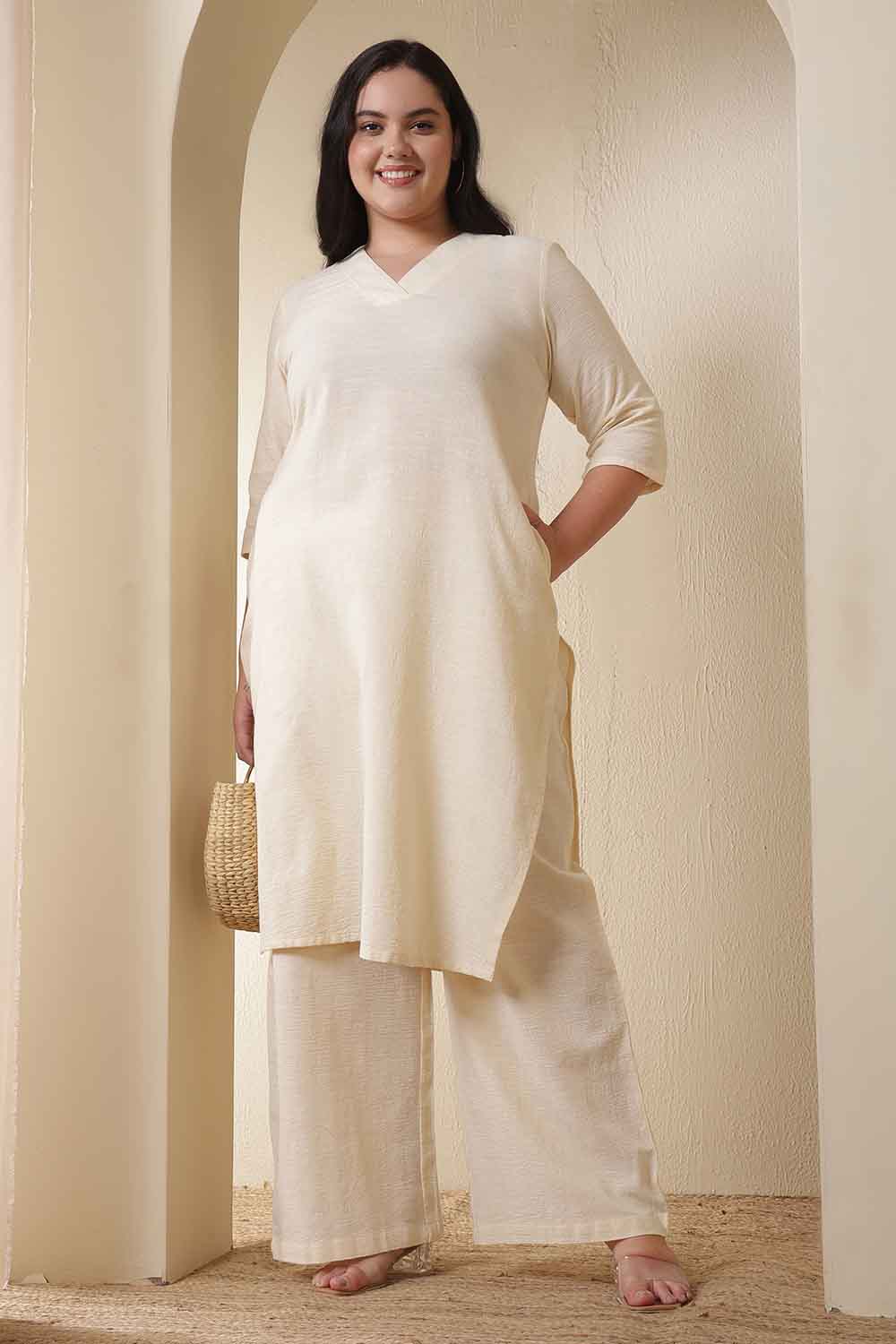 Plus Size Ivory Cotton Kurta Coord Set