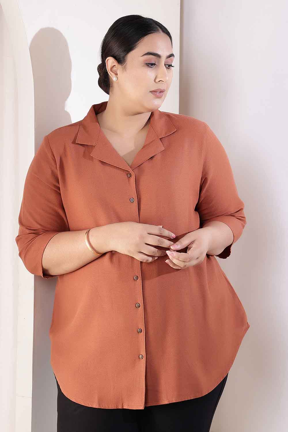 Plus Size Plus Size  Mocha Brown Cotton Linen Cuban Collar Shirt