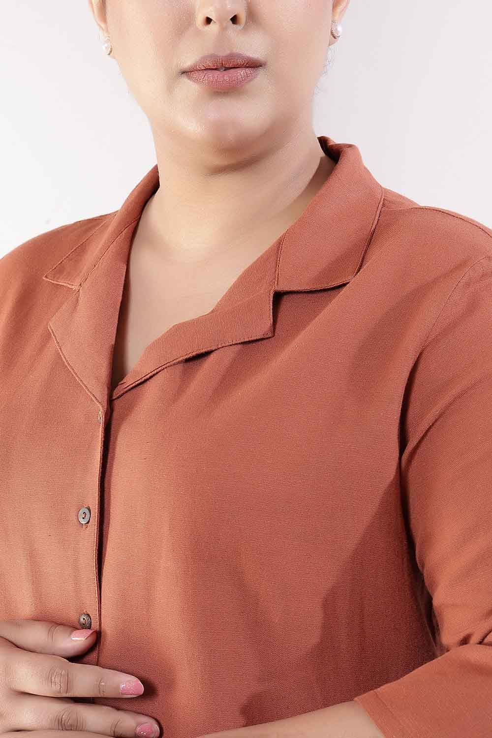 Plus Size  Mocha Brown Cotton Linen Cuban Collar Shirt for Women