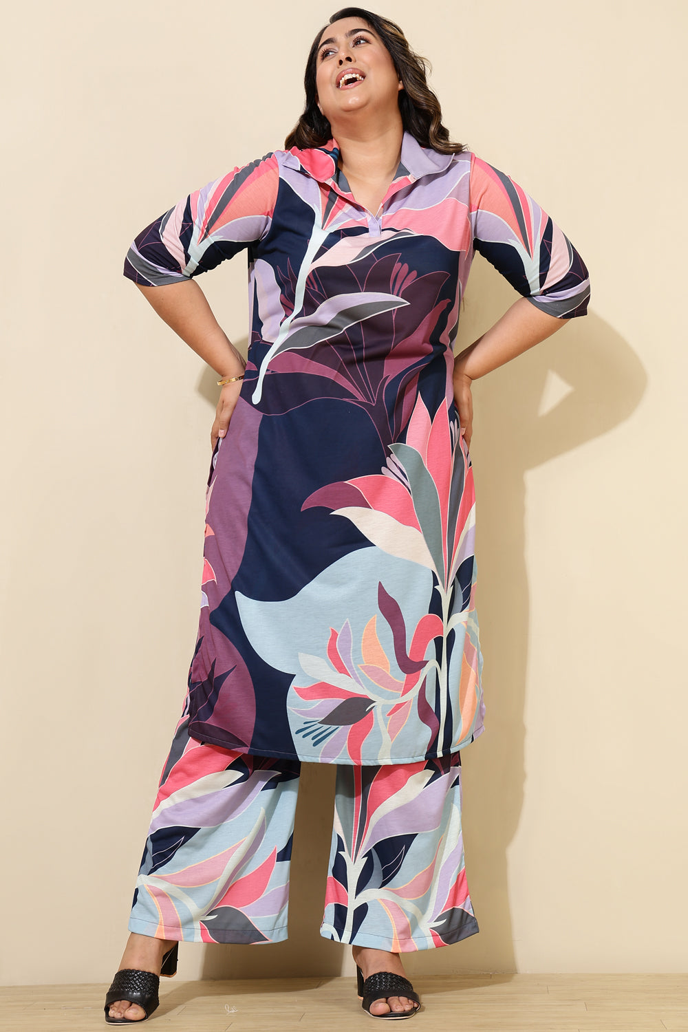 Plus Size Pink Blue Print Pants