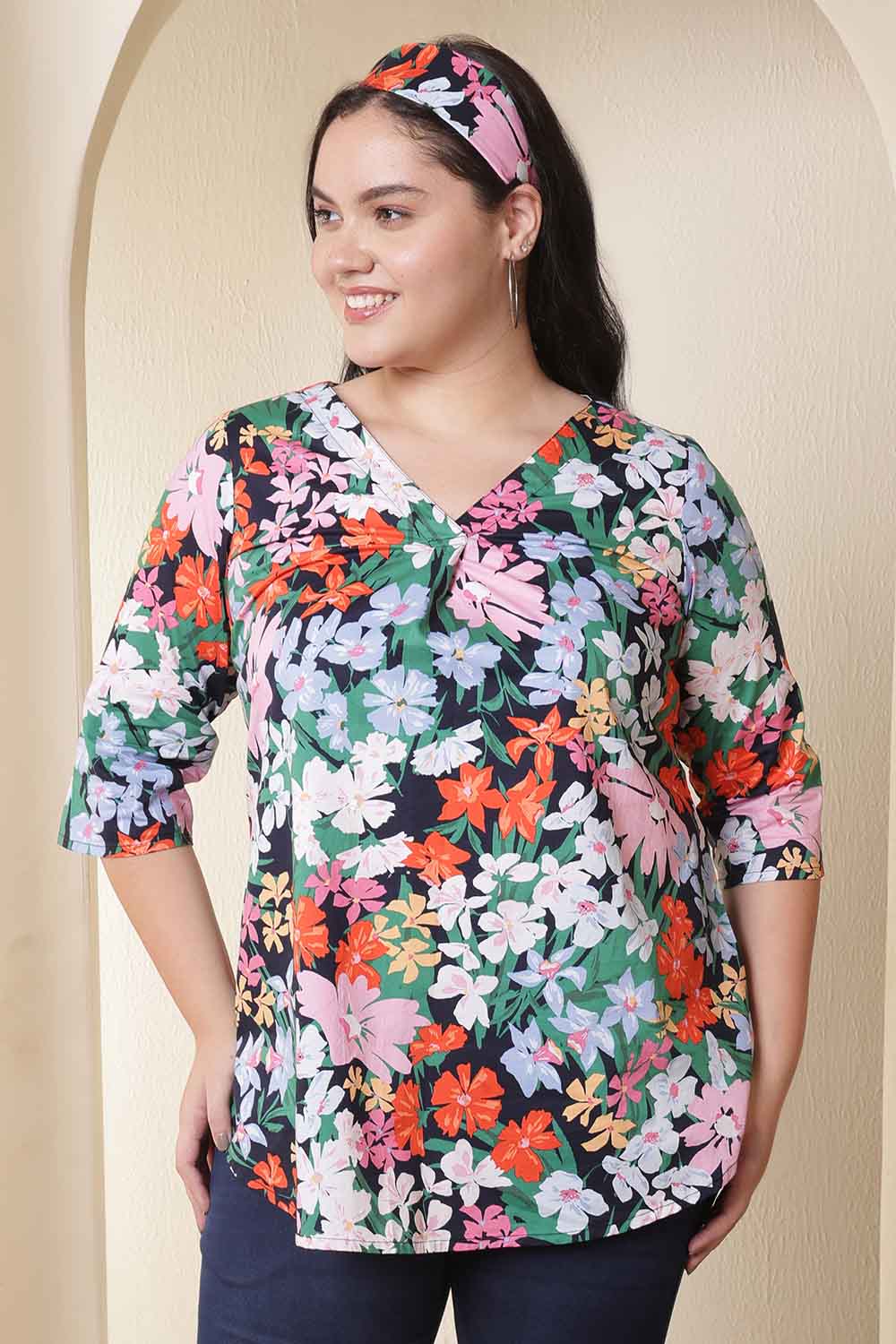 Plus Size Multicolor Floral Print V Neck Cotton Top