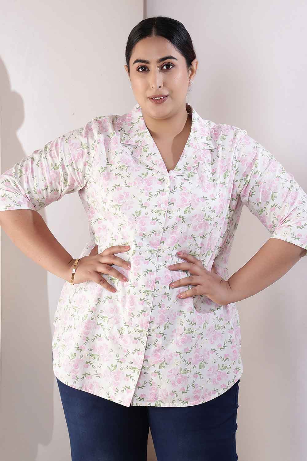 Plus Size Pink Floral Cuban Collar Cotton Shirt