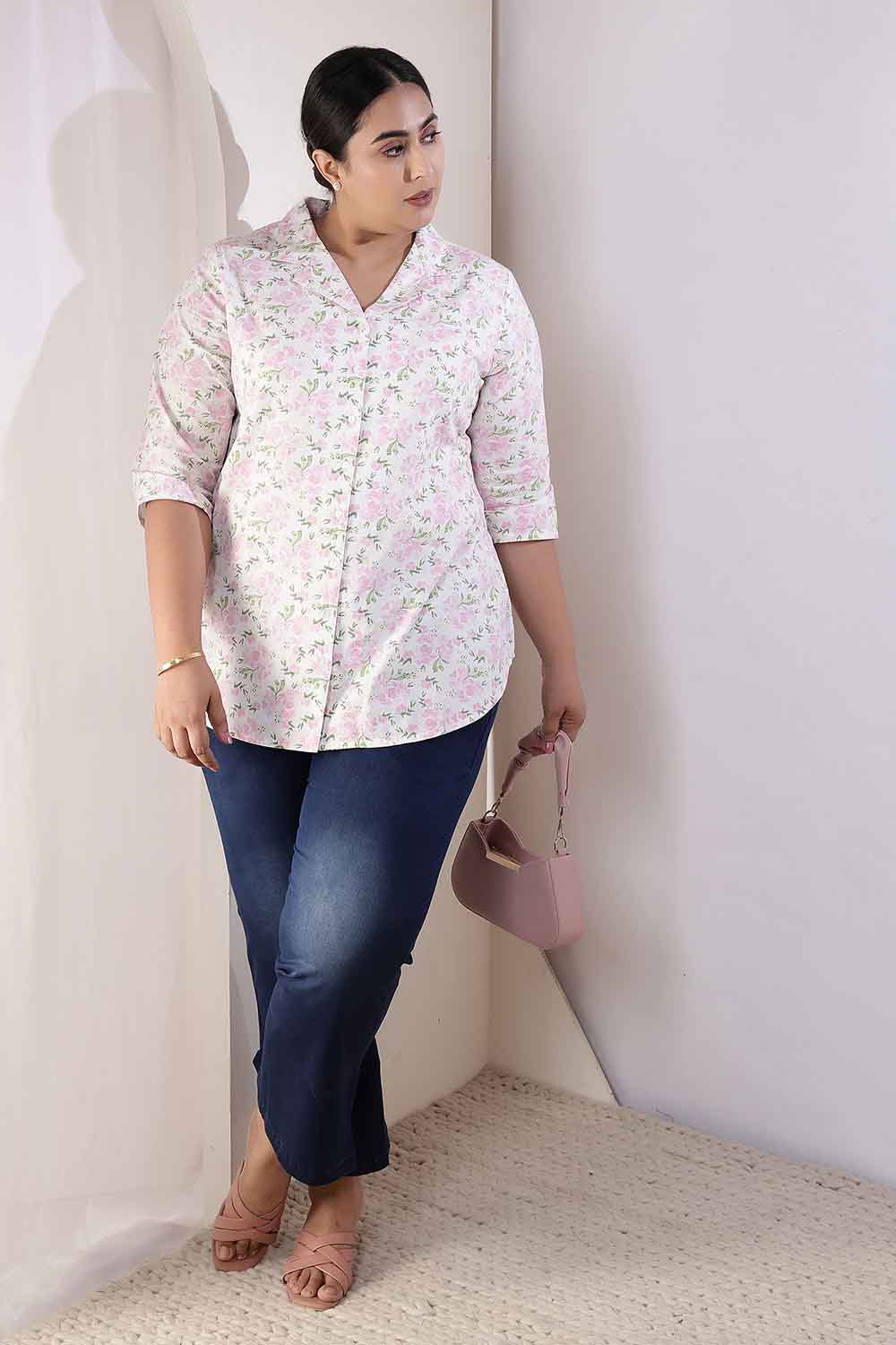 Plus Size Pink Floral Cuban Collar Cotton Shirt