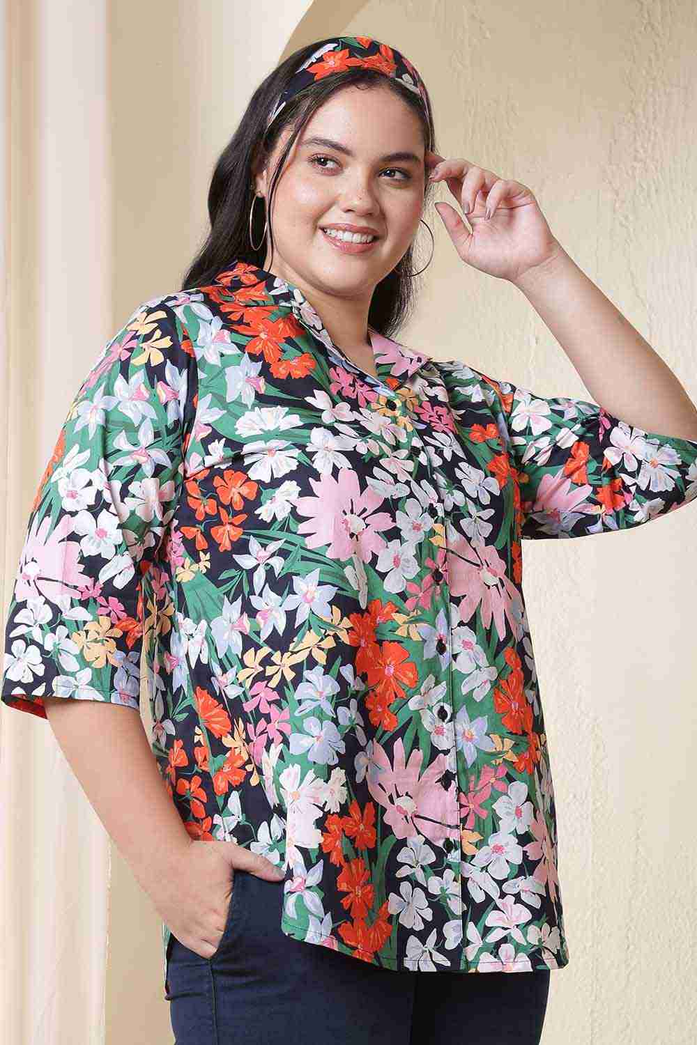 Plus Size Multicolor Floral Print Cuban Collar Cotton Shirt