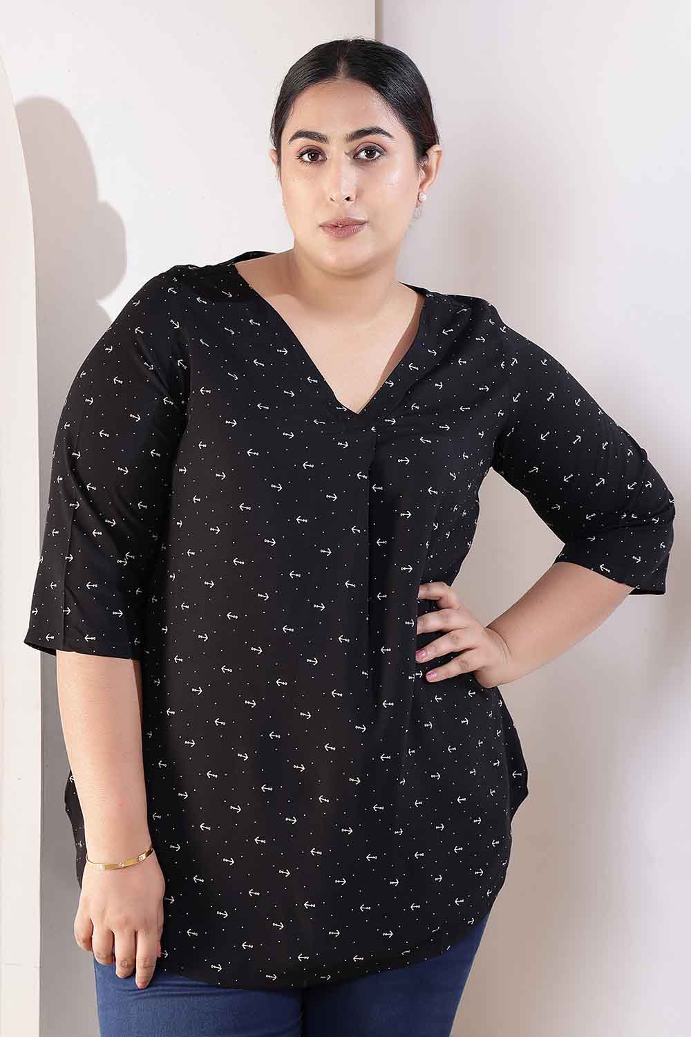 Plus Size Black Anchor Print Rayon V-Neck Top