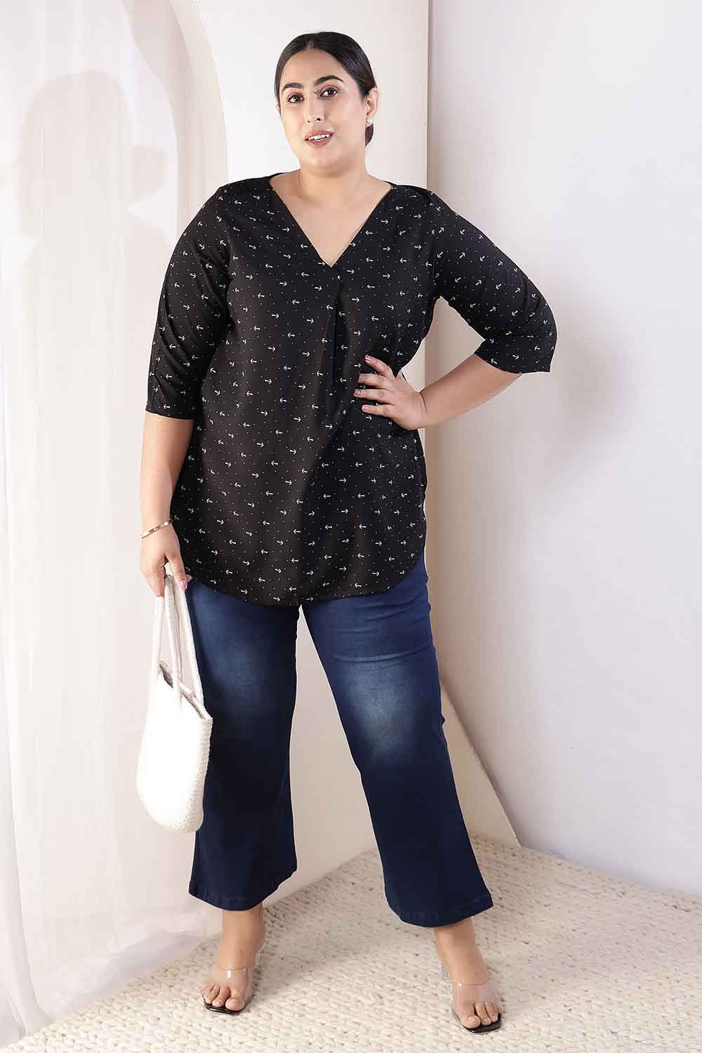 Plus Size Black Anchor Print Rayon V-Neck Top