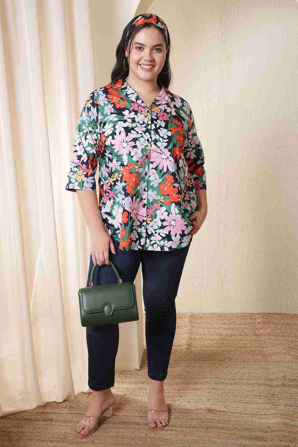 Plus Size Multicolor Floral Print Cuban Collar Cotton Shirt