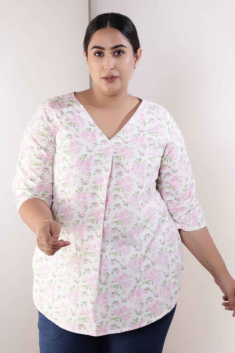 Plus Size Pink Floral Cotton V-Neck Top