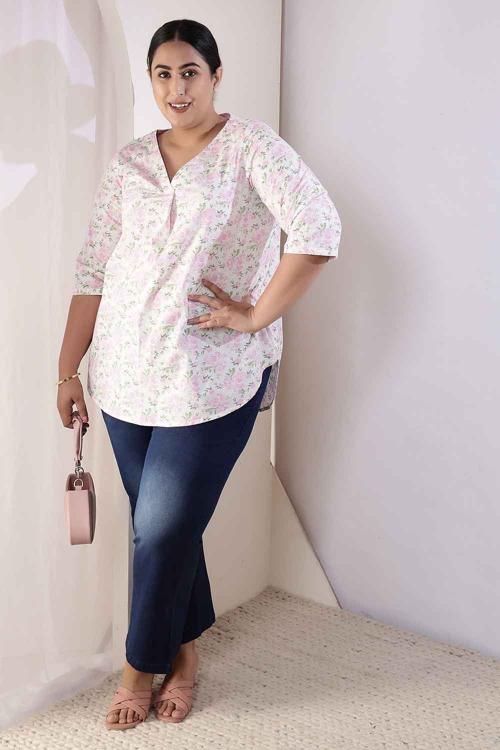 Plus Size Pink Floral Cotton V-Neck Top