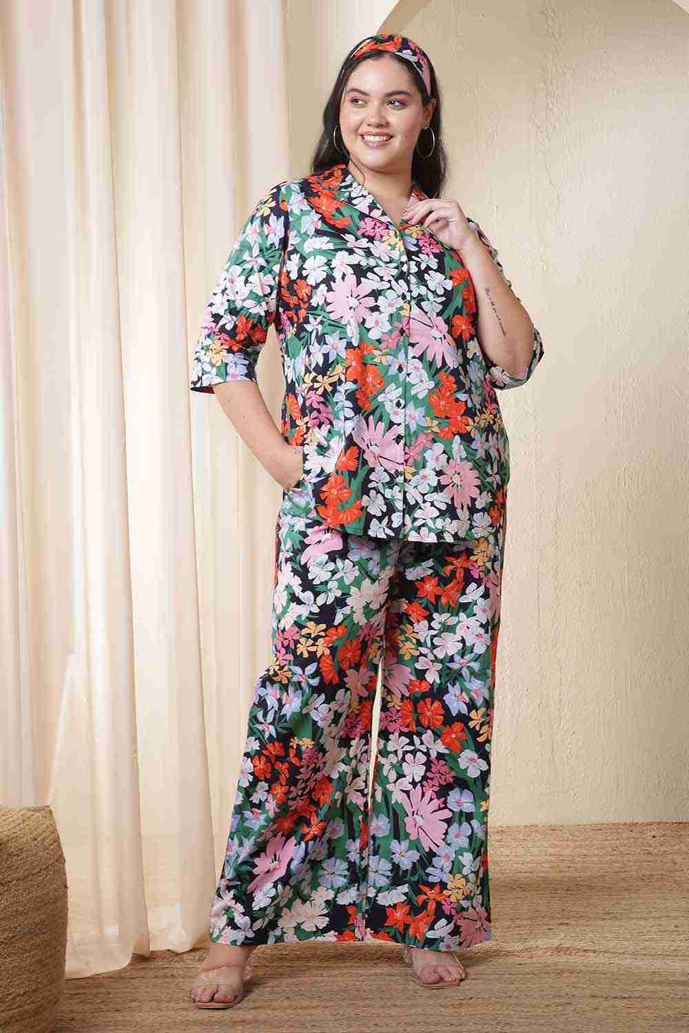 Plus Size Multicolor Floral Print Cotton Shirt Coord Set
