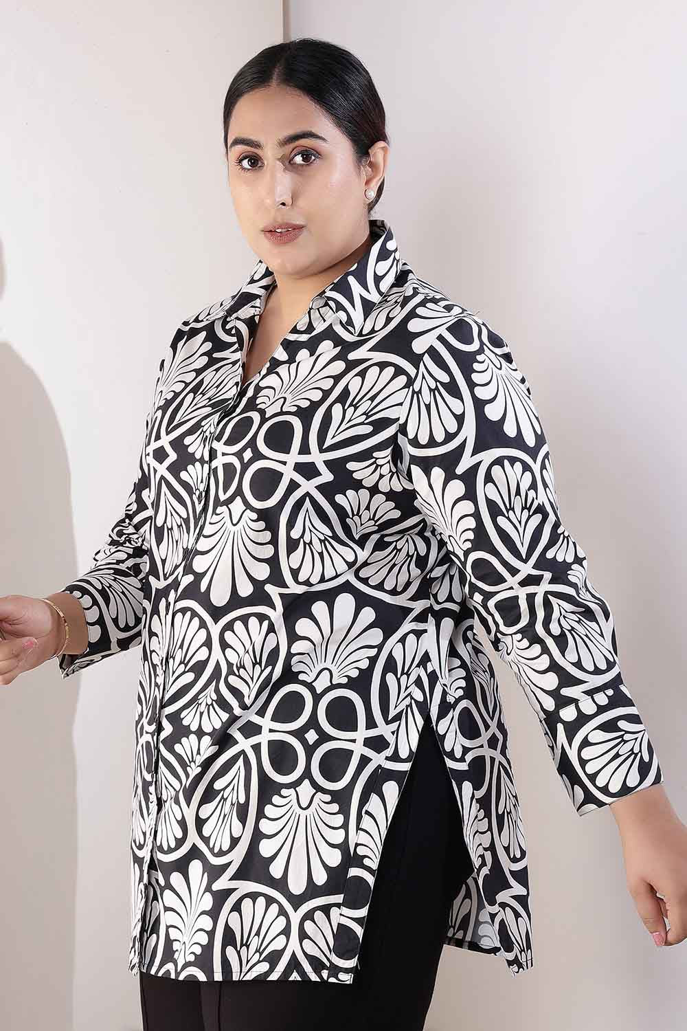 Plus Size Black & White Floral Print High Slit Styled Cuff Cotton Shirt