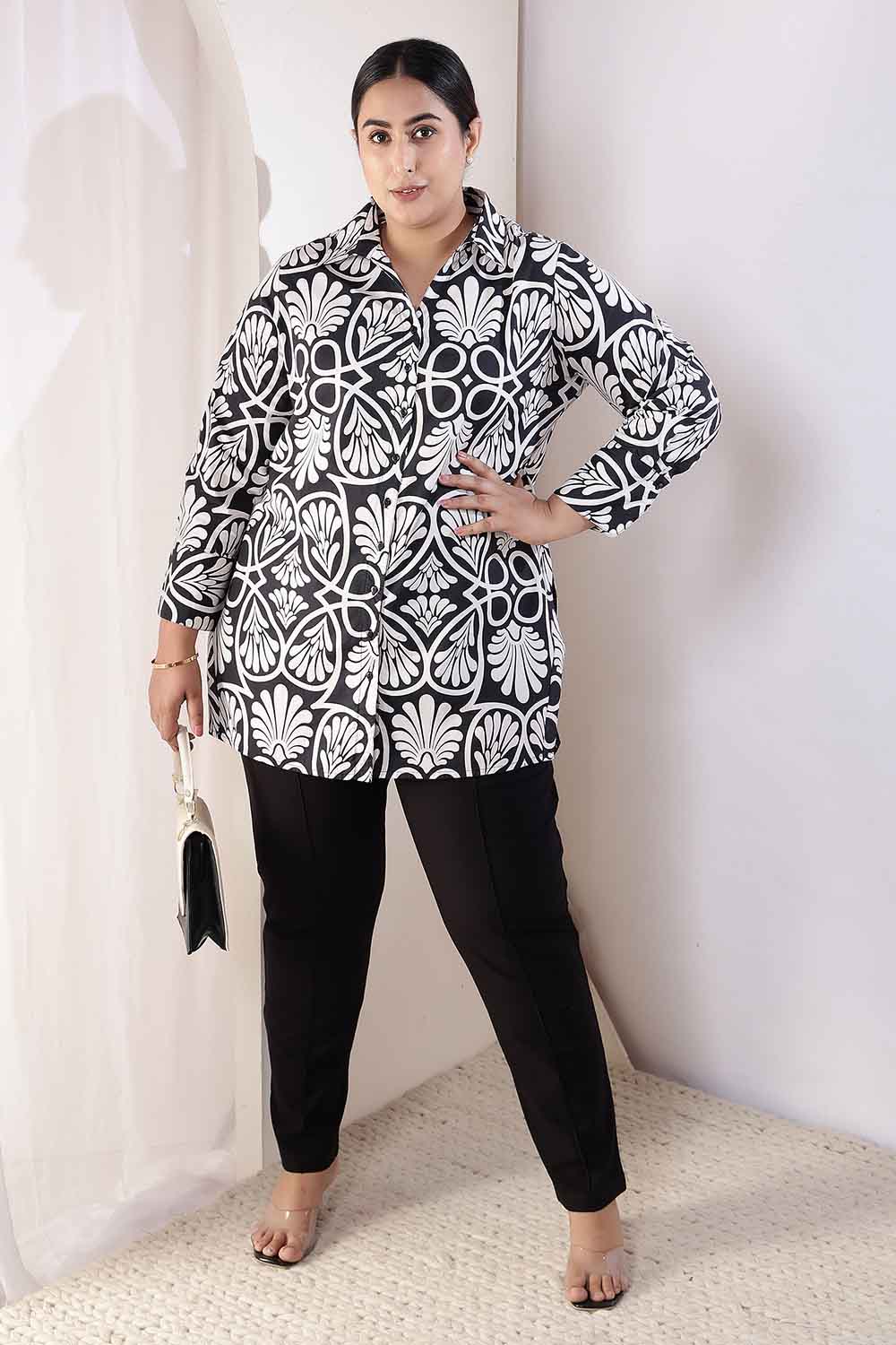 Plus Size Black & White Floral Print High Slit Styled Cuff Cotton Shirt