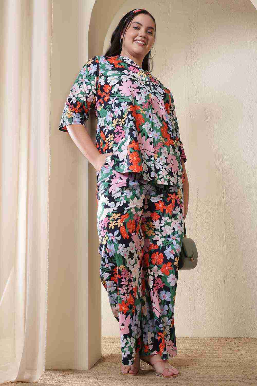 Plus Size Multicolor Floral Print Cotton Shirt Coord Set