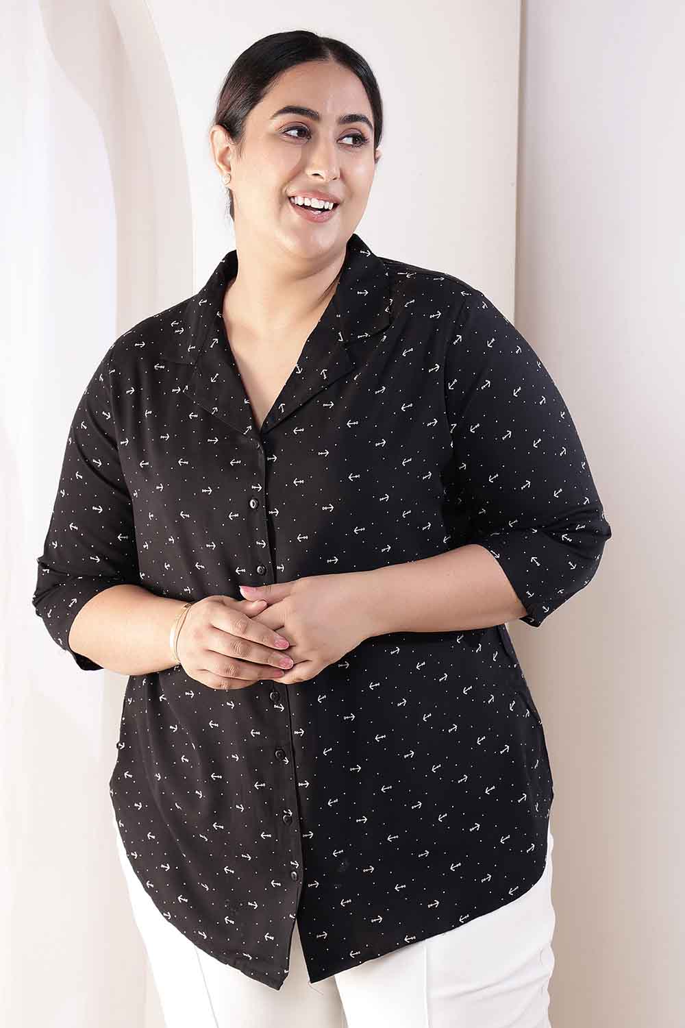 Plus Size Black Anchor Print Cuban Collar Rayon Shirt