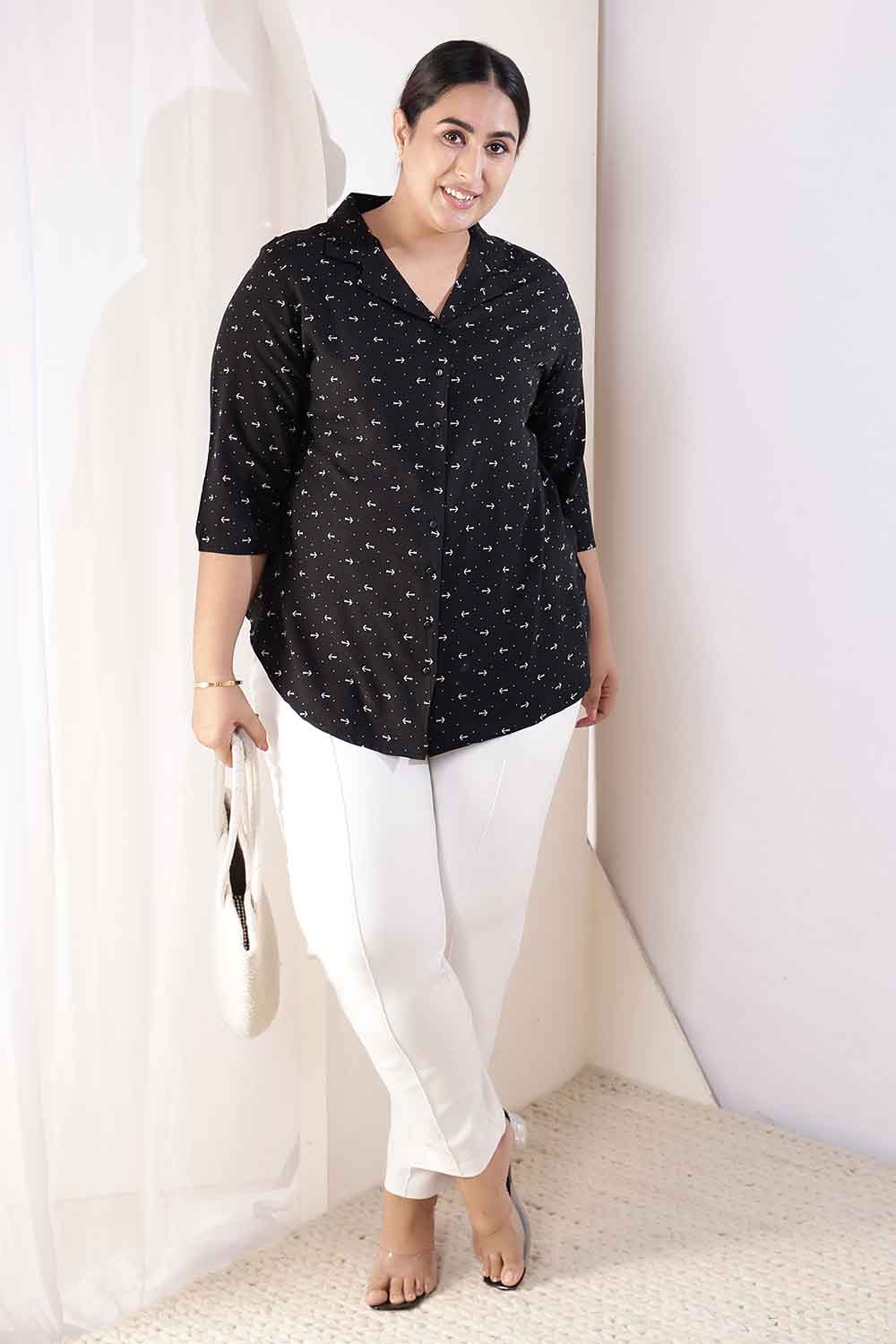 Plus Size Black Anchor Print Cuban Collar Rayon Shirt