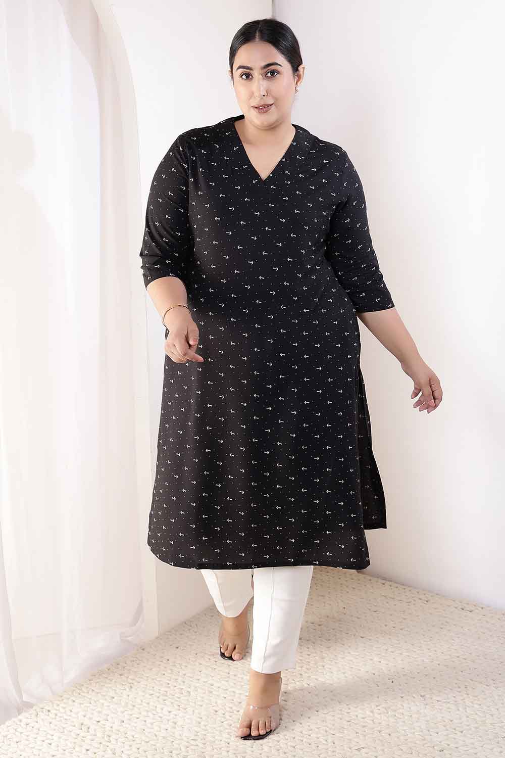 Plus Size Black Anchor Print V Neck Rayon Kurta