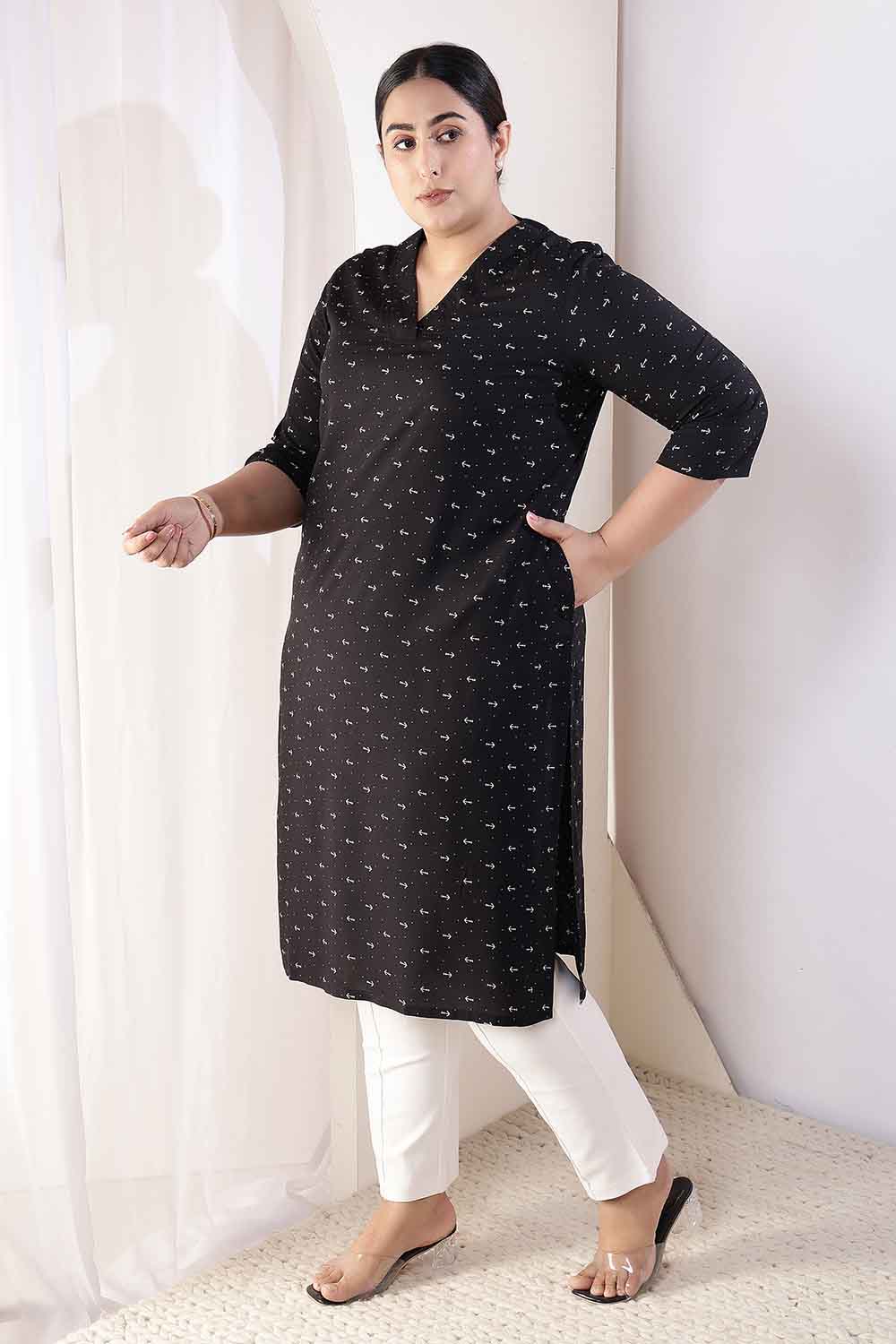 Plus Size Black Anchor Print V Neck Rayon Kurta