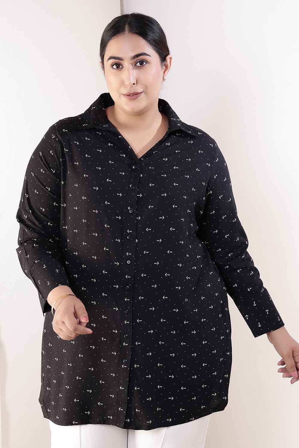 Plus Size Black Anchor Print High Slit Styled Cuff Rayon Shirt