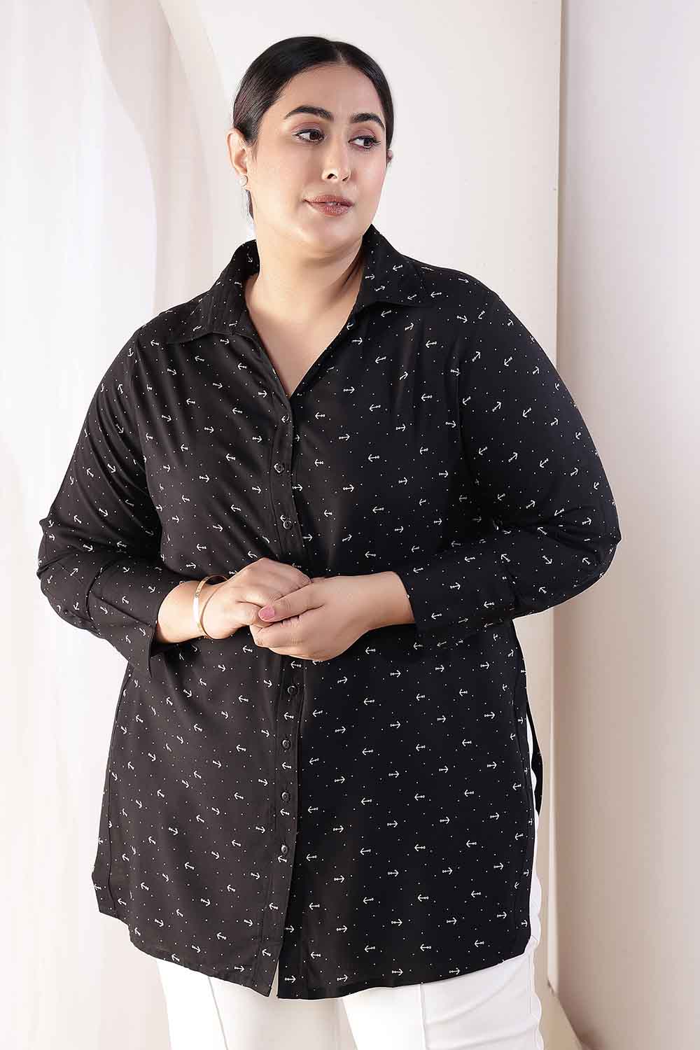 Plus Size Black Anchor Print High Slit Styled Cuff Rayon Shirt